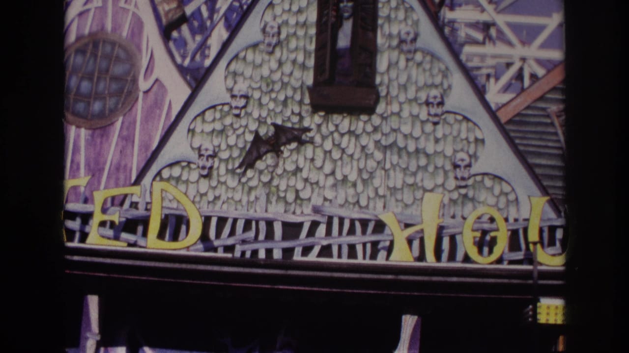 Haunted house attraction facade with skulls, bat figure, window figure, and partial yellow lettering.