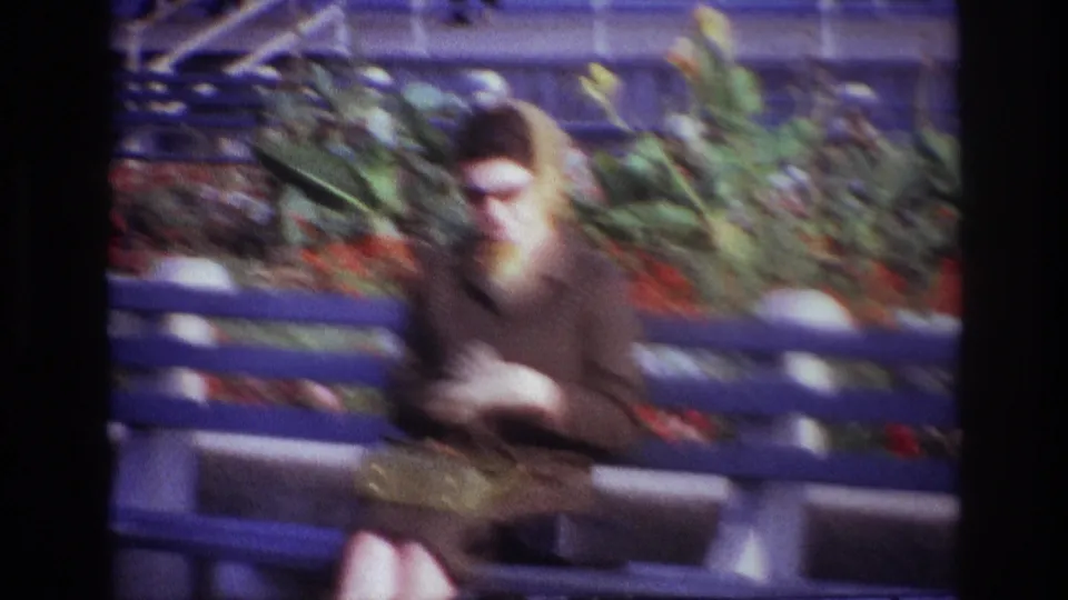 Soft 8mm frame of the woman on a blue beachside bench, with flowerbeds and railings behind her.