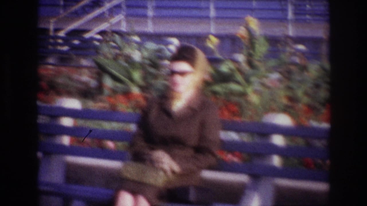Woman seated on a blue bench with red flowers and leafy plants behind her.
