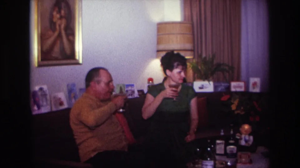 The woman turns to the side holding a wine glass as the man remains seated beside bottles and a small figurine in the living room.