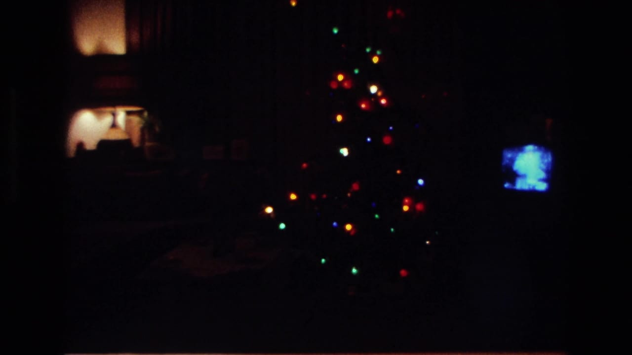 Dark living room with colored Christmas tree lights and a small glowing television.