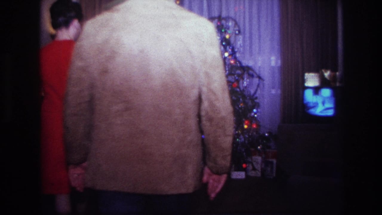A man in a brown jacket and a woman in red stand near a decorated Christmas tree and television.