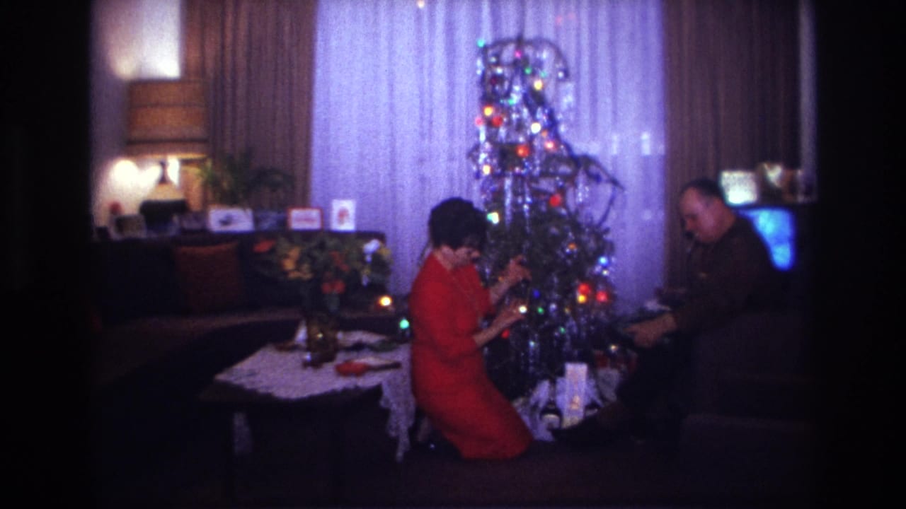 Woman looks down at an item near the Christmas tree while a man leans over a box or gift.