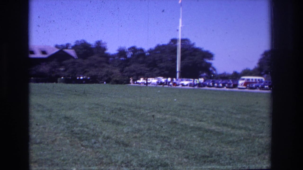 Grassy field with parked cars, a red-and-white VW bus, trees, and a tall flagpole in the distance.