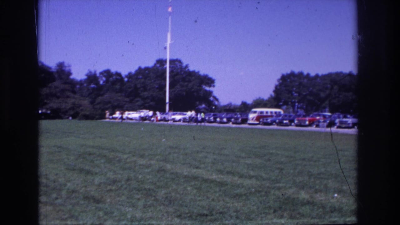 Wide grass foreground with a row of parked cars, small figures, trees, and a tall flagpole.