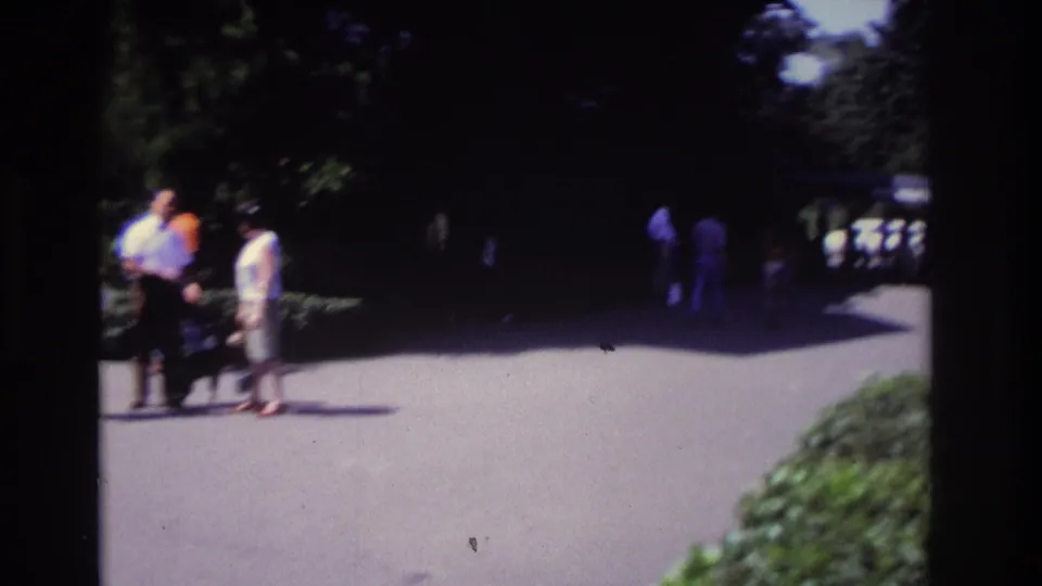 Opening 8mm frame shows several adults on a sunlit paved path, with trees, shrubbery, and soft focus obscuring fine detail.