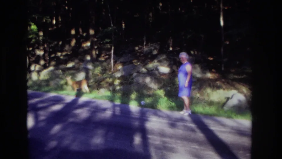 1968 Ocean City, New Jersey home-movie frame showing a woman standing on a forest road as a deer moves near the roadside.