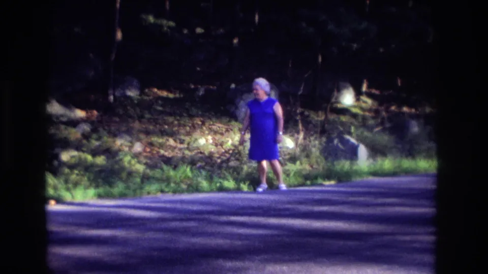 The woman remains on the asphalt road in the Ocean City, New Jersey footage, framed against a shaded wooded roadside and rock border.
