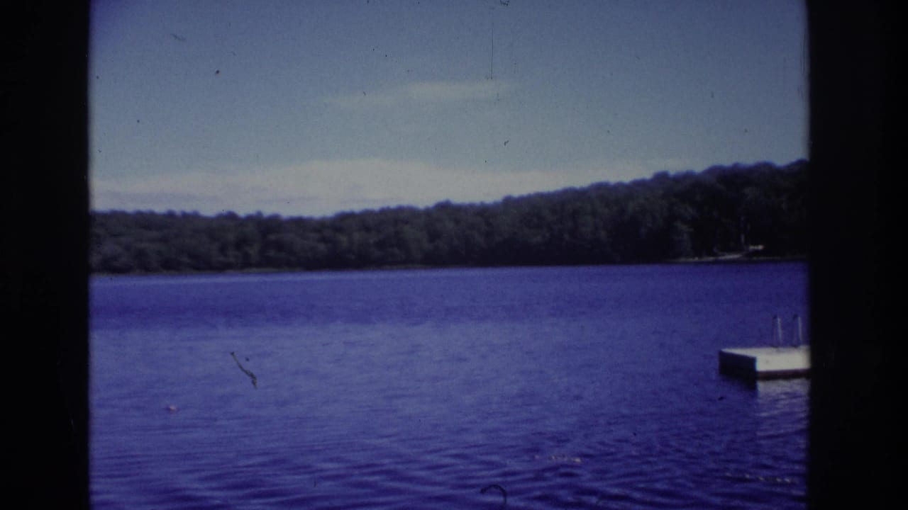 Wide lake view with wooded shoreline and a floating platform near the right edge.