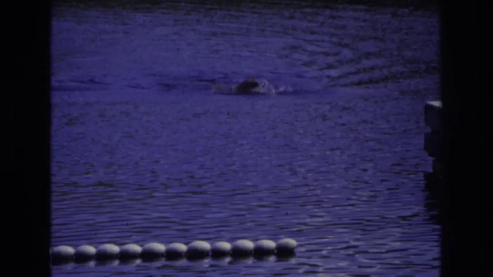 Blue-tinted 8mm frame from Ocean City showing a distant swimmer and white buoys across rippled water.