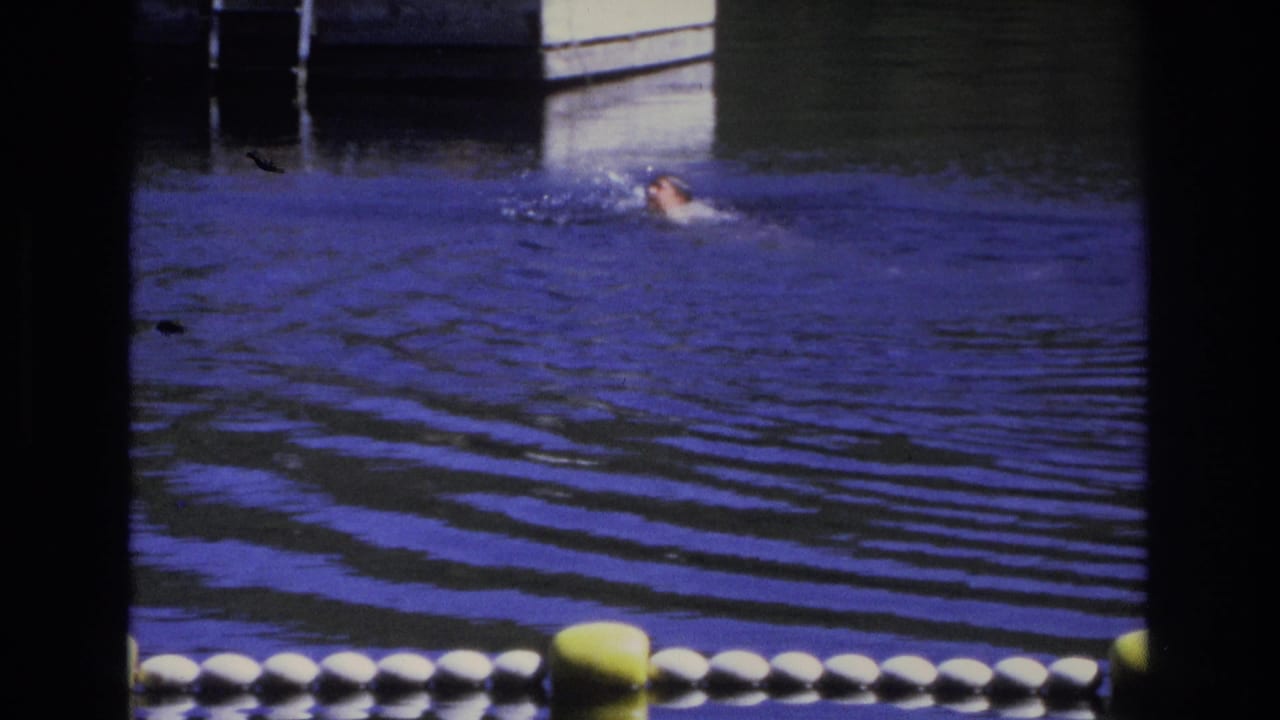 Swimmer near the upper right of the frame with ripples spreading across the water.