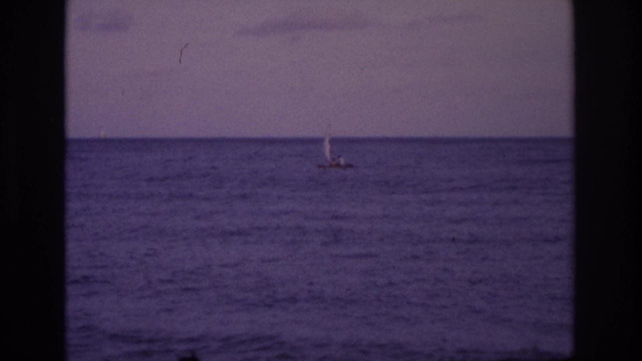 Small sailboat near the horizon on calm purple ocean water.
