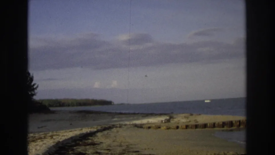 1968 Ocean City, New Jersey beach view with sand, seaweed, calm water, distant trees, and a cloudy sky.