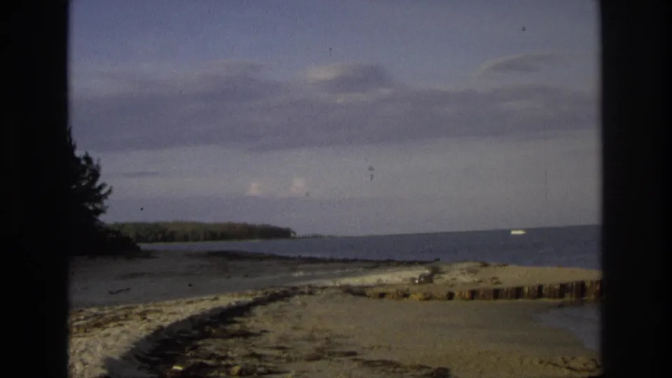 1968 Ocean City, New Jersey 8mm frame of a sandy shore, seaweed drift, low water, and distant wooded shoreline.