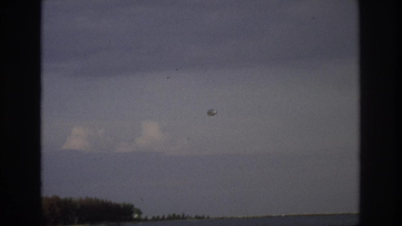 Cloudy sky over water and a tree-lined shore with a small pale object above the horizon.