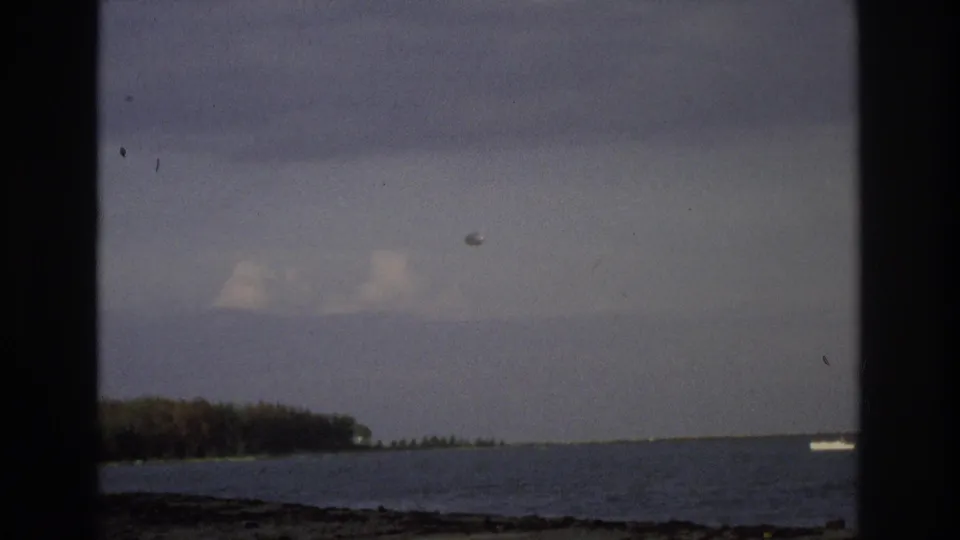 Ocean City, New Jersey 1968 frame showing a pale object above water, distant trees and a dark foreground shore.
