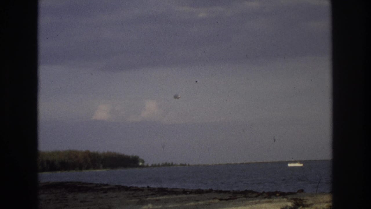 Ocean shoreline seen through dark vertical edges with cloudy sky and a small white boat offshore.
