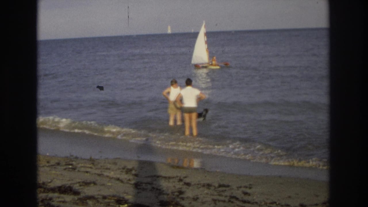 Two men stand in shallow surf with a small black dog nearby and a sailboat offshore.