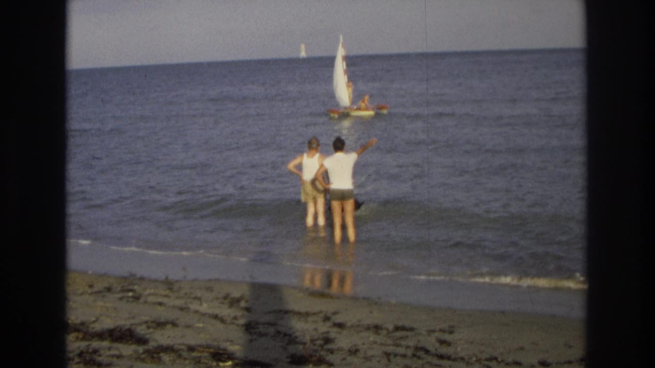 Two men face the ocean in shallow water while one gestures toward a sailboat offshore.