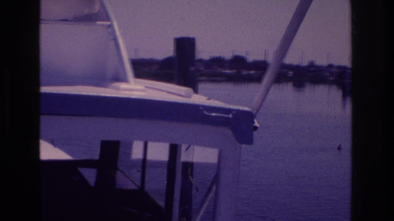 White boat railing and canopy structure in front of calm harbor water.