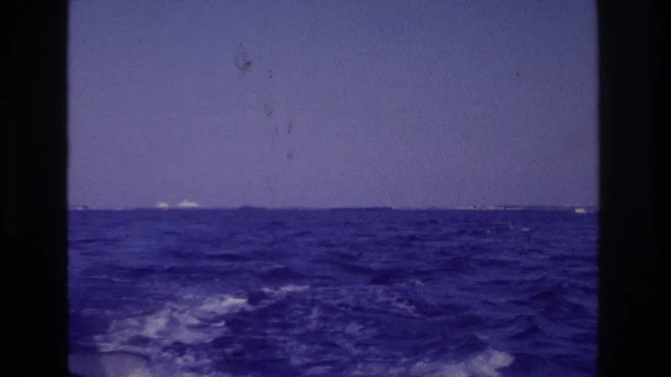 Open water off Ocean City, New Jersey, with boat wake in the foreground and a low distant shoreline beneath a clear blue sky.