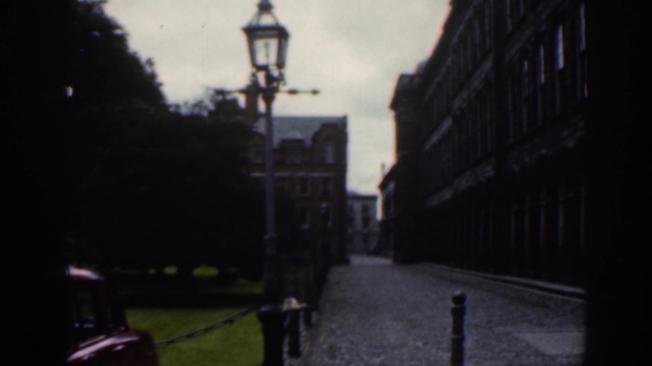 Cobbled Dublin street with lamppost, stone buildings, trees, and part of a red car.