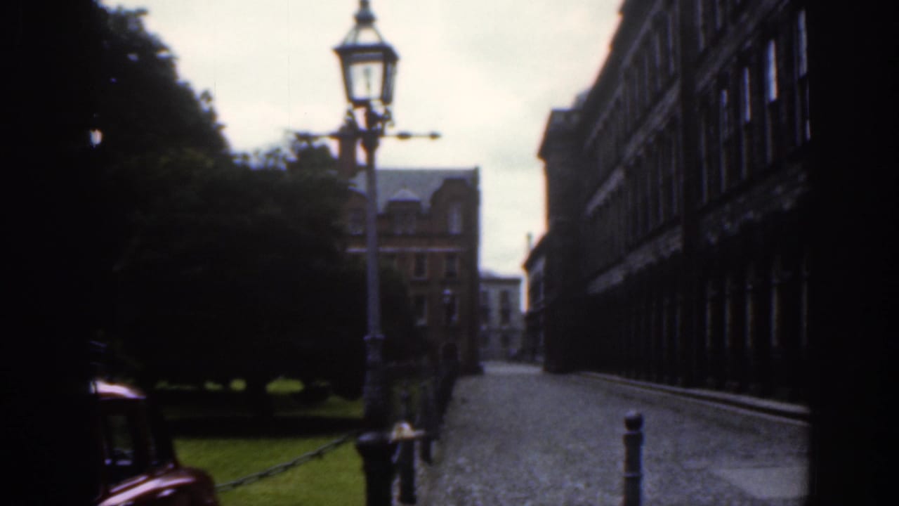 Similar cobbled street view with lamppost, trees, stone buildings, and foreground car edge.