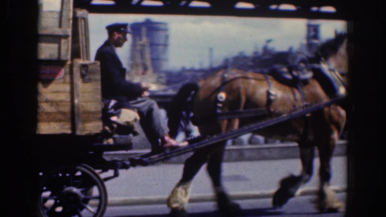 1961 Dublin footage shows a brown horse pulling a crate-loaded wagon as a uniformed driver sits at the reins on a city street.