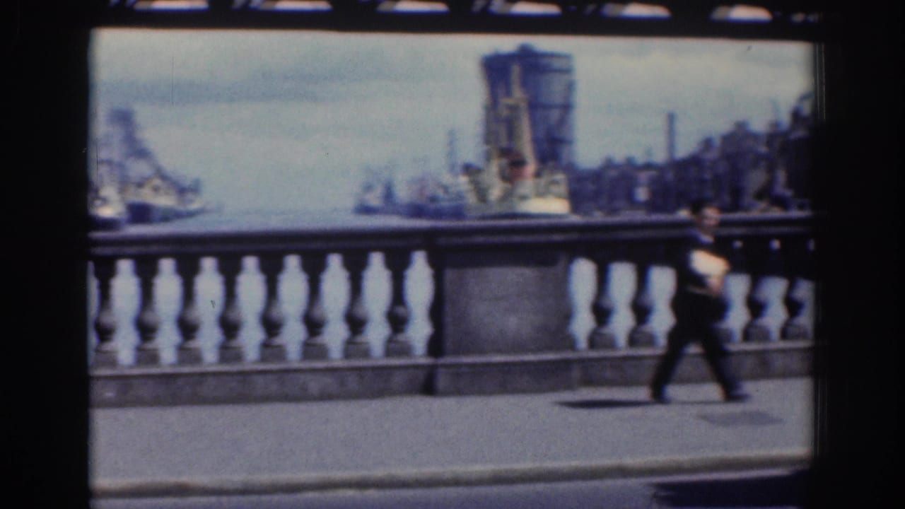 A pedestrian walks along a bridge or waterfront railing in Dublin, with ships, cranes, and industrial harbor buildings in the background.