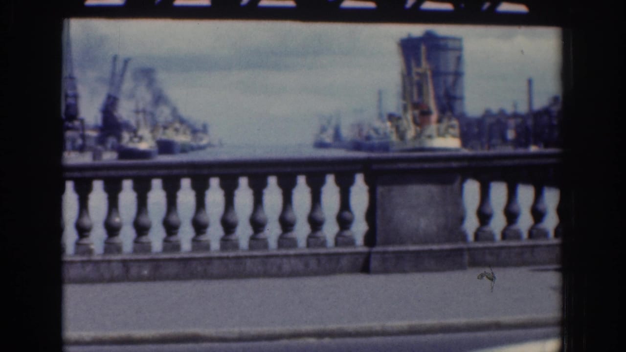 A Dublin waterfront view shows a bridge balustrade in the foreground and ships, cranes, and industrial structures across the harbor.