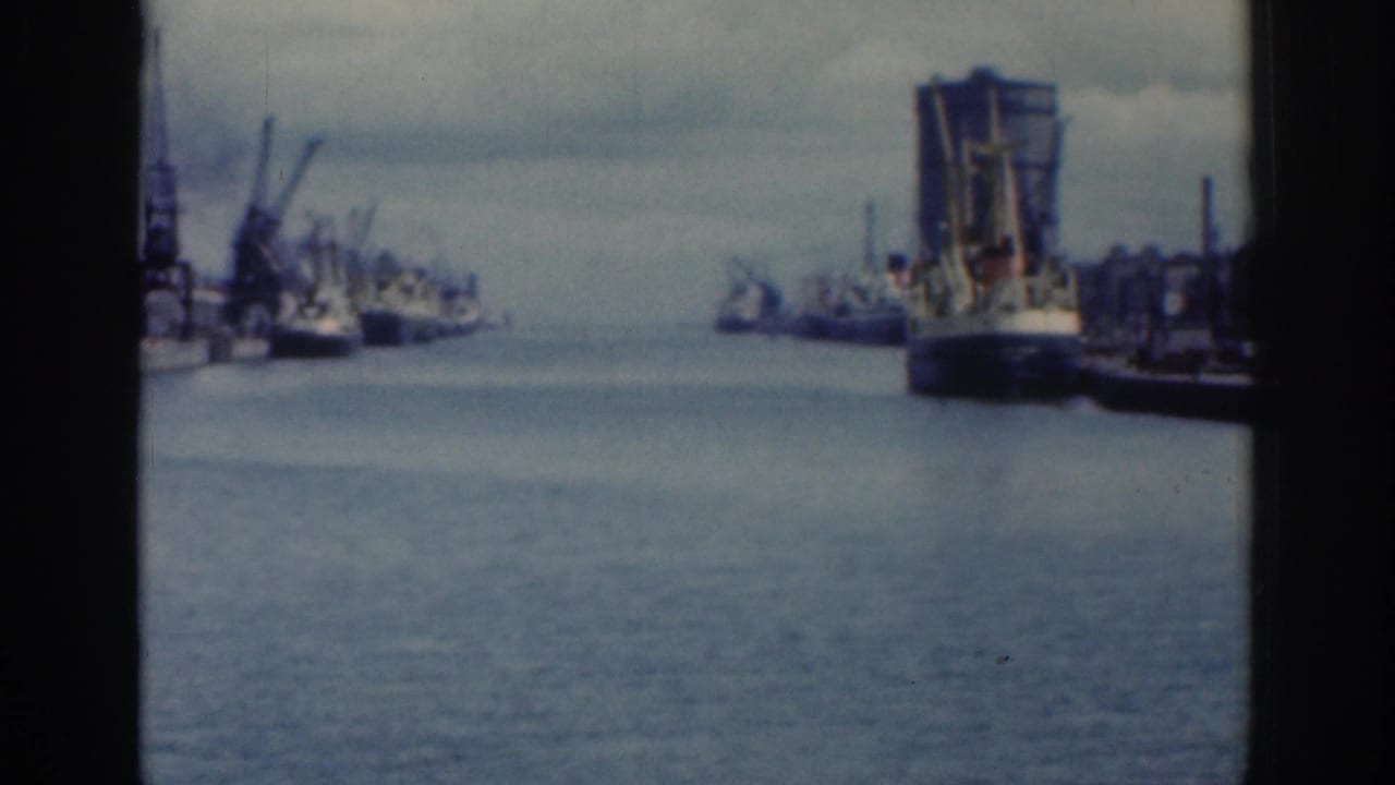 Wide 8mm view of Dublin harbor showing water, dock cranes, ships, and a large vessel near the quay.