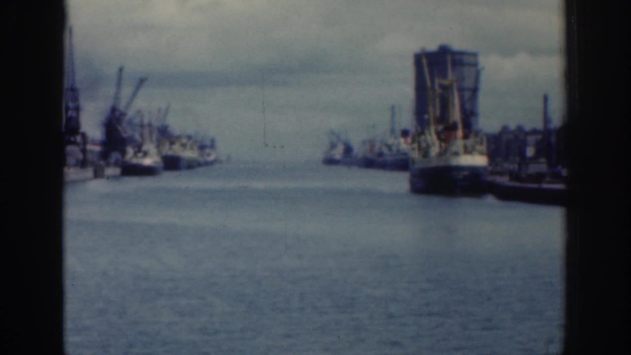 Dublin harbor view with a large ship at right, cranes along the waterfront, and muted overcast 8mm color.