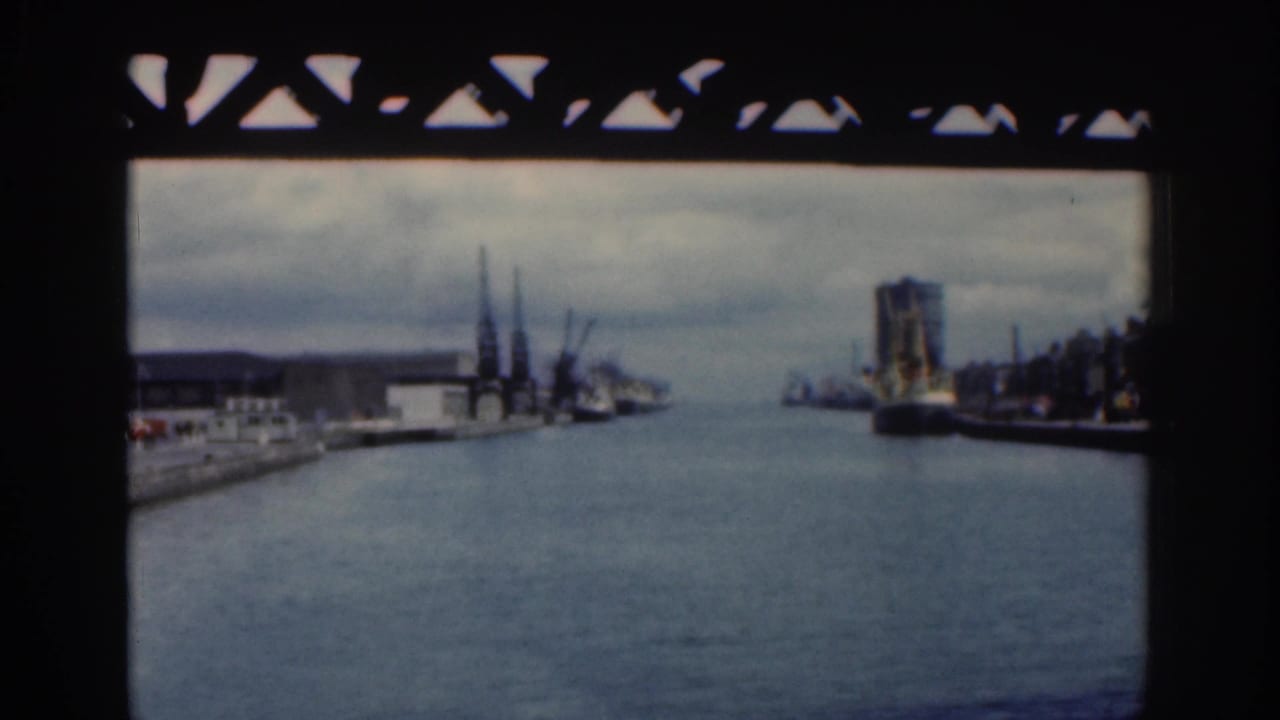 Wide river scene beneath a bridge, with cranes and waterfront buildings on both banks and a ship to the right.