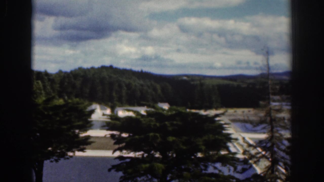 1961 Dublin countryside view with trees in the foreground and water treatment basins visible below distant wooded hills.