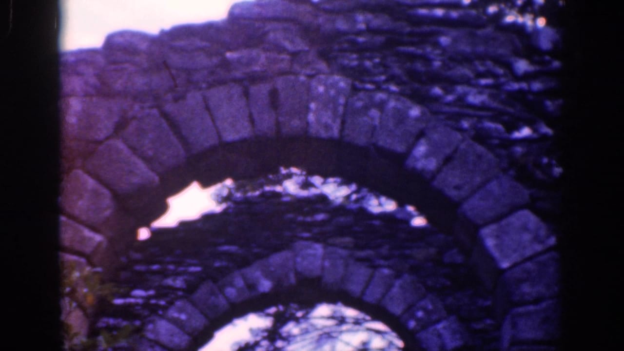 Color-shifted 8mm close-up of aged stone arches on the estate grounds, emphasizing rough masonry and filtered daylight.