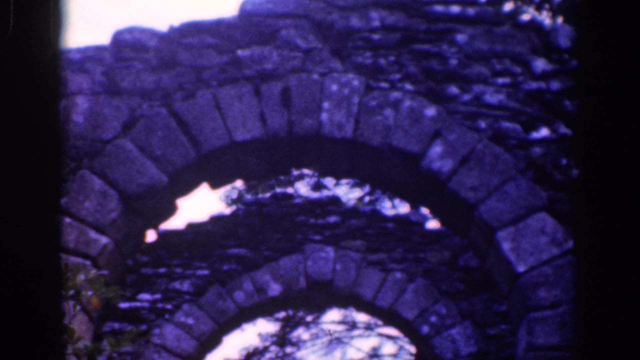 Final frame holds on layered weathered stone arches, with tree branches and pale sky showing through the lower opening.