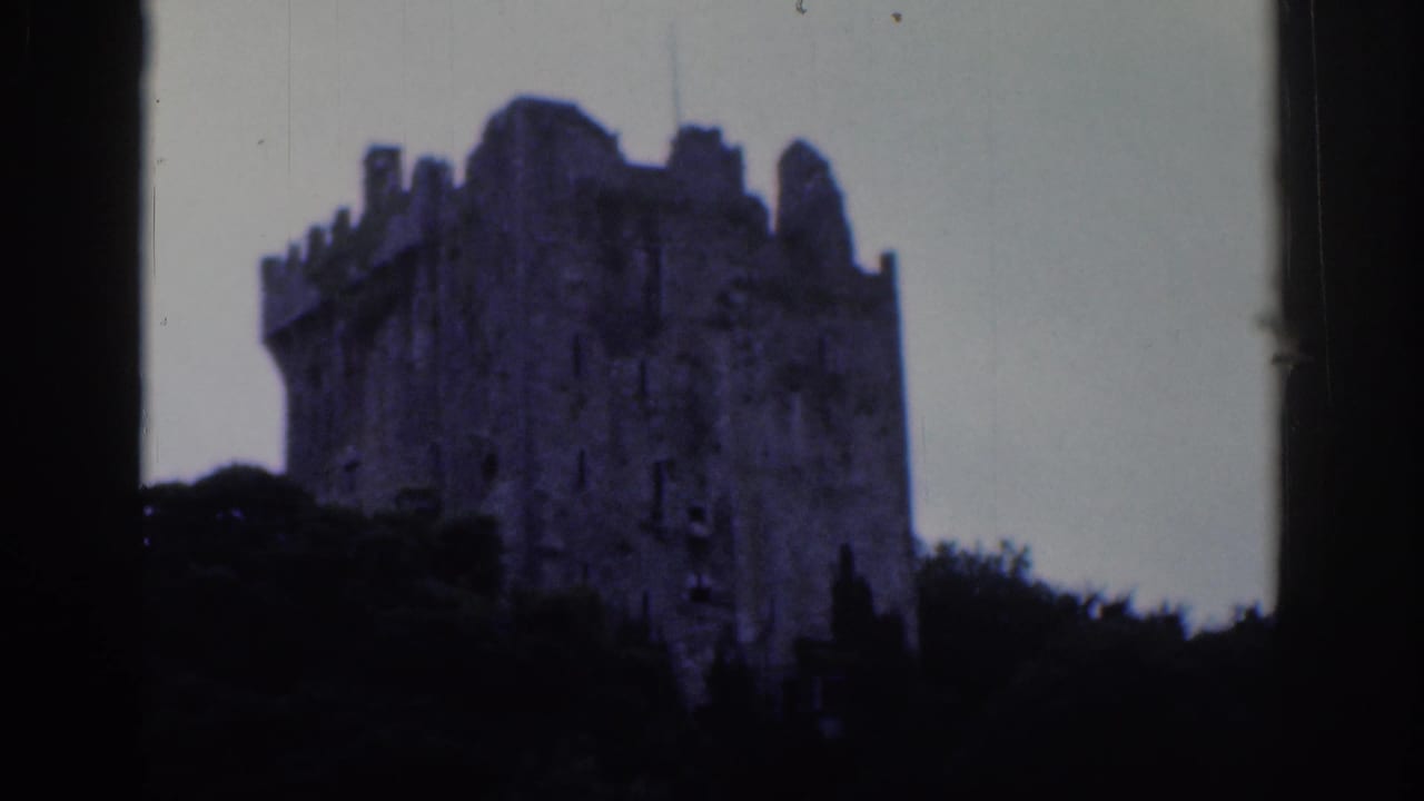 Large stone ruin with battlements framed by trees and film edges.
