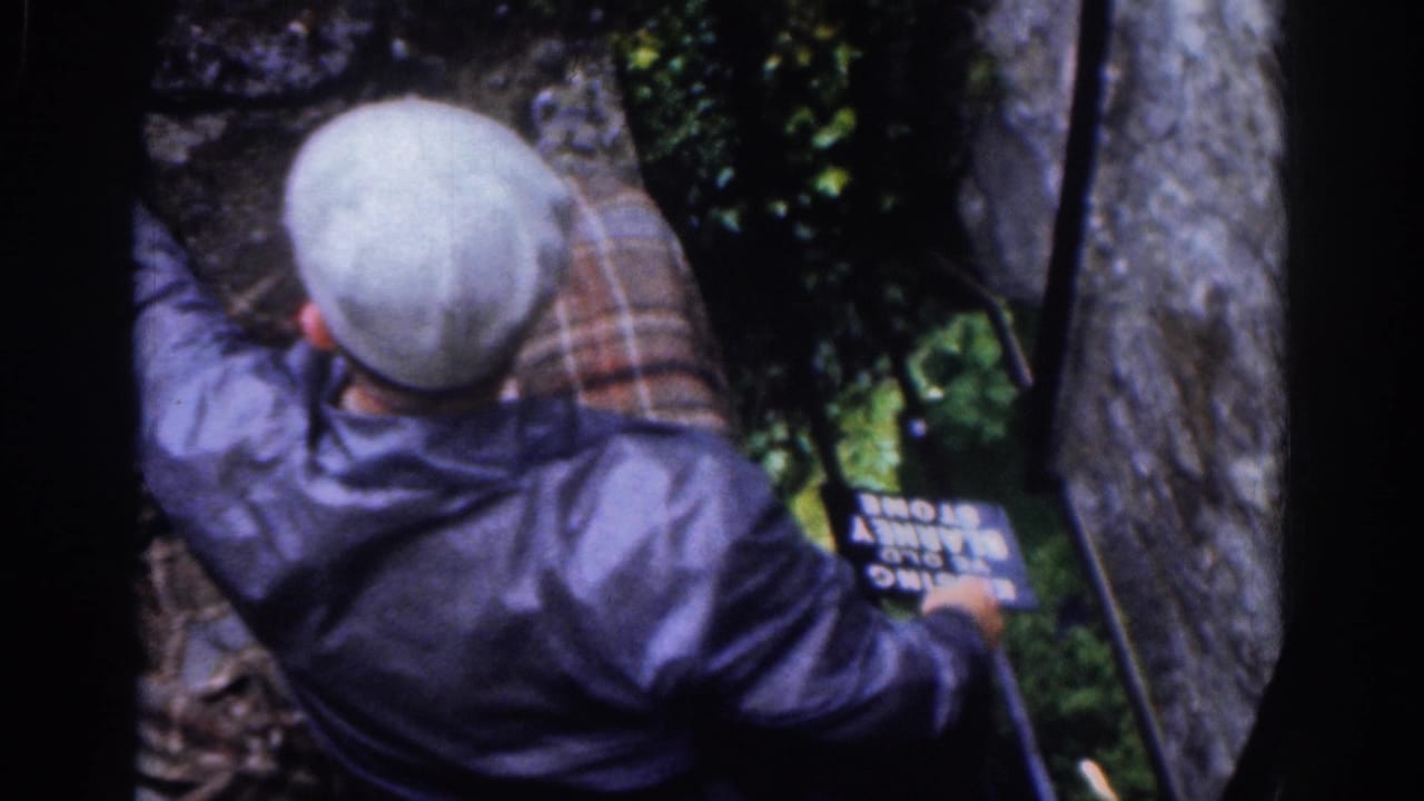 The final frame shows the capped man above the plaid-shirted man near greenery, a stone wall, metal pole, and the Blessing Stone sign.