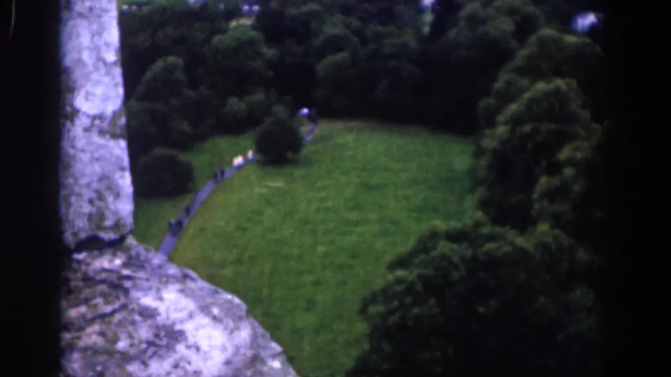 Dublin, 1961, viewed from a castle tower toward a landscaped garden with lawn, path, trees, and tiny pedestrians.