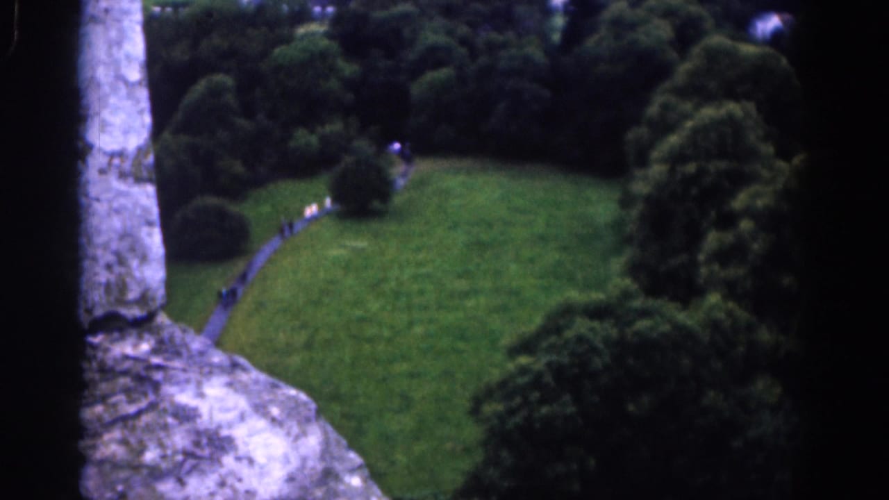 1961 Dublin home-movie frame looking through rough stonework toward a green park, winding path, dense trees, and hills beyond.