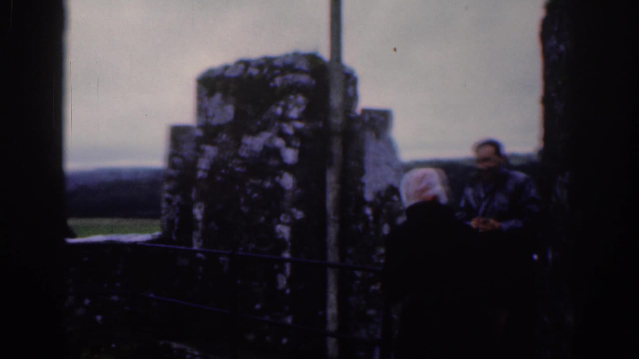Adults standing near weathered stone ruins and metal railings under an overcast sky.