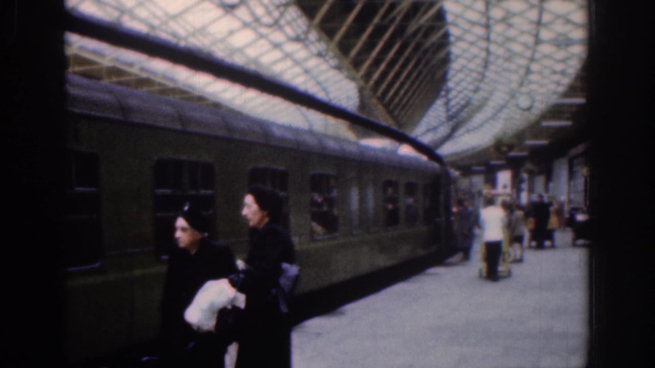 Passengers stand near train windows on a platform with luggage nearby.