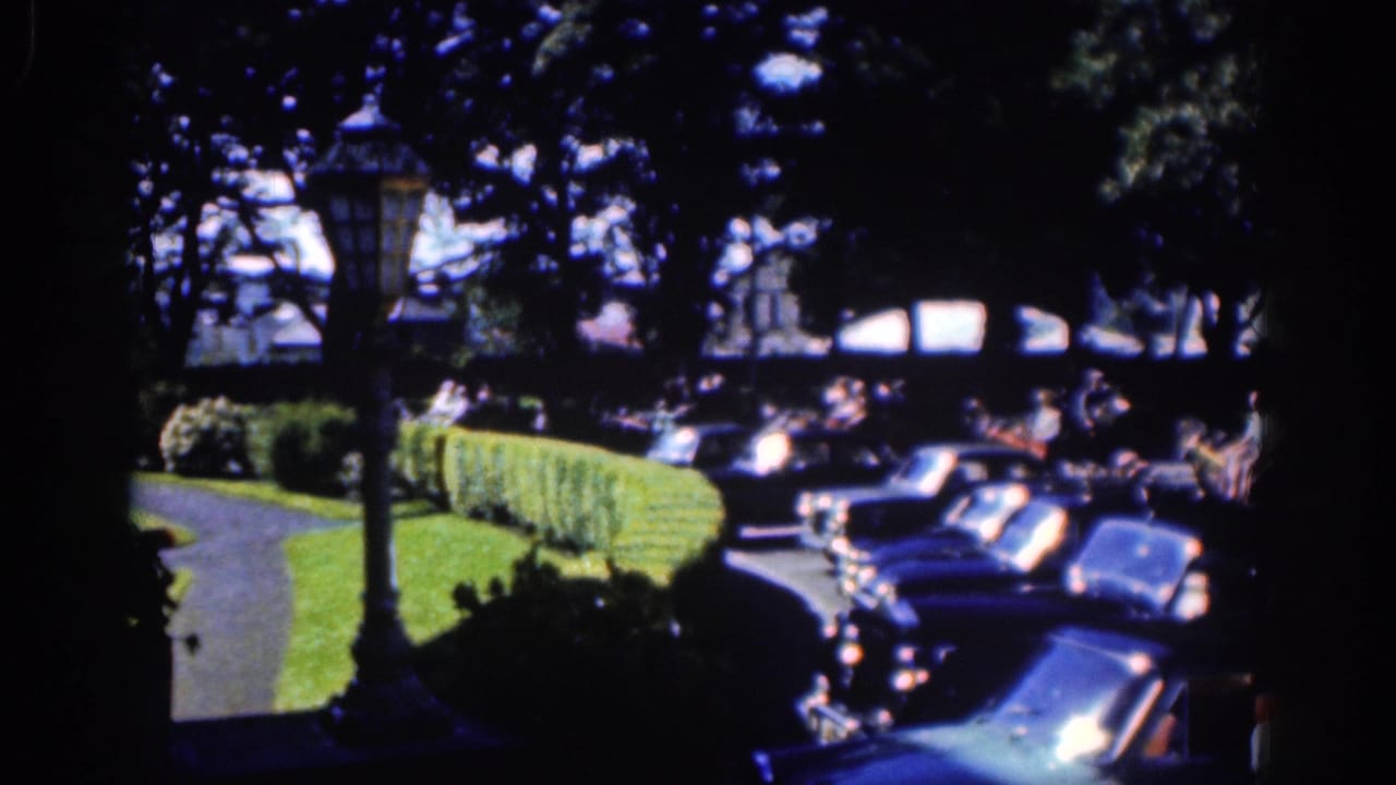 1961 Dublin home-movie frame showing a shaded street edge with hedges, lamppost, parked cars, and pedestrians beyond the curb.