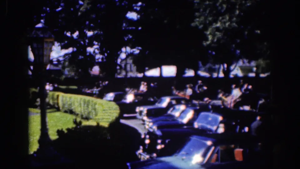 1961 Dublin street view with rows of parked mid-century cars, clipped hedges, heavy tree shade, and distant pedestrians.