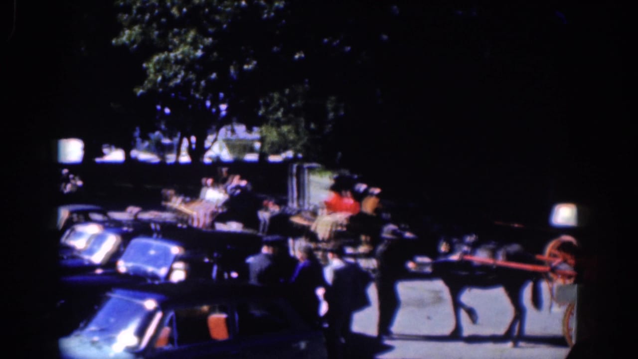 1961 Dublin home-movie frame showing a horse-drawn buggy near parked cars and pedestrians under deep tree shade.