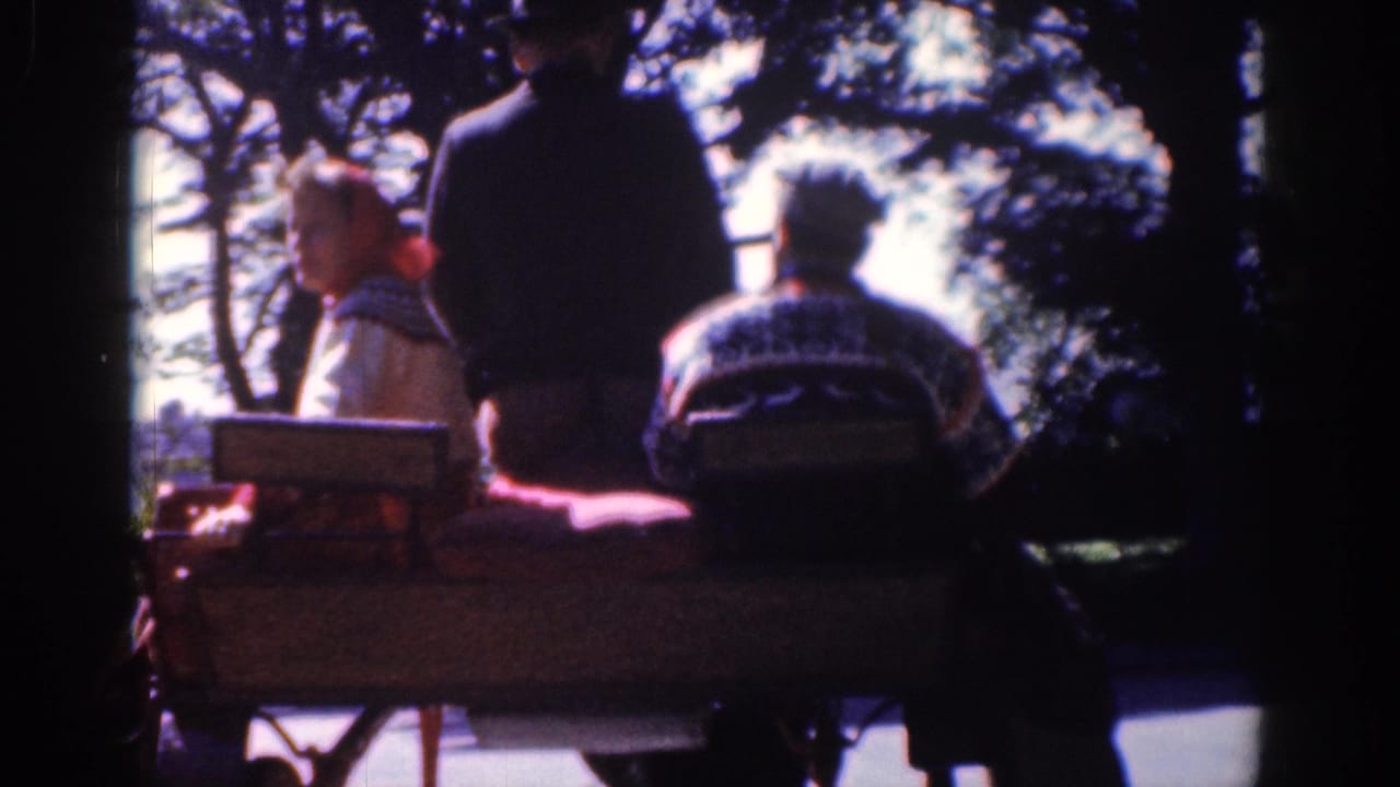 In 1961 Dublin home-movie footage, two passengers sit in a carriage passing through a shaded park setting.