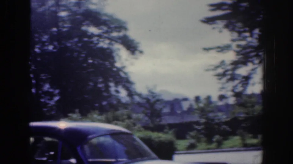 A shaded roadside view in Dublin shows a dark car near trees, with distant buildings visible through foliage.