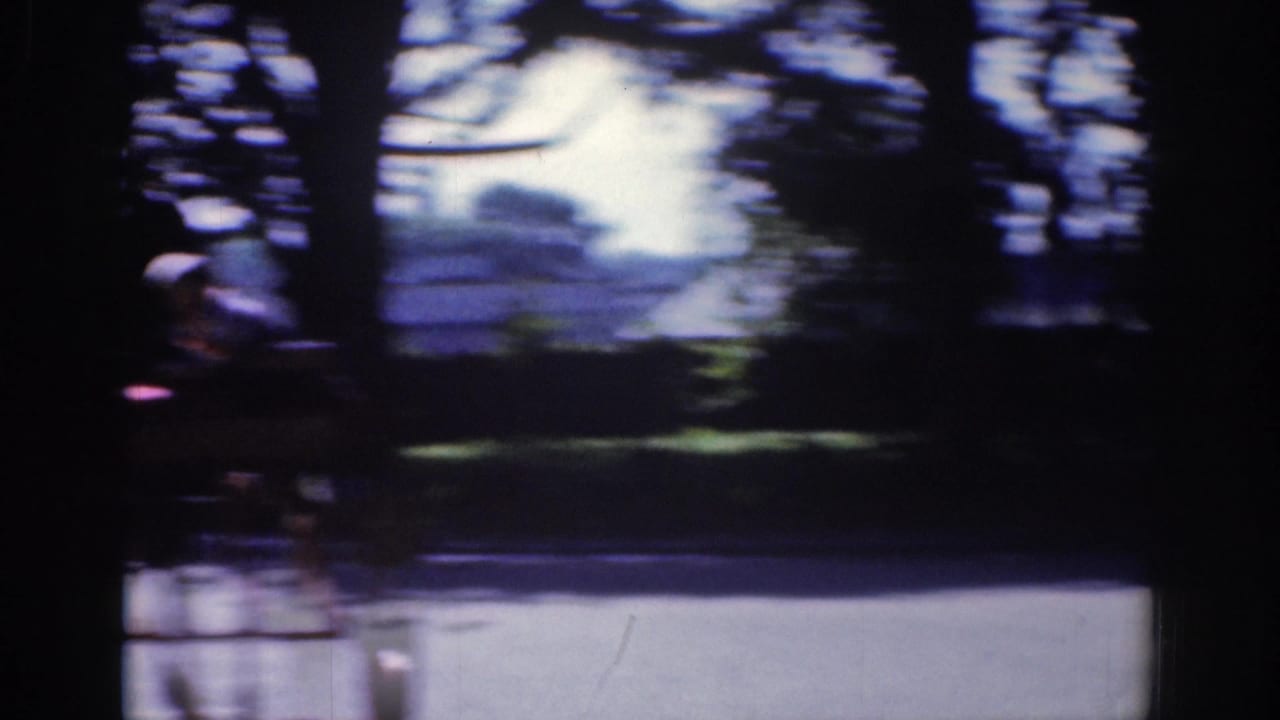 1961 Dublin home-movie frame showing a dim, tree-lined street with a horse-drawn cart partly visible at the left edge.