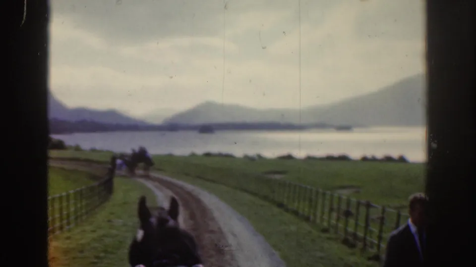 Fenced rural road leads toward a broad water view and distant hills, with horse ears and an adult figure partly visible.