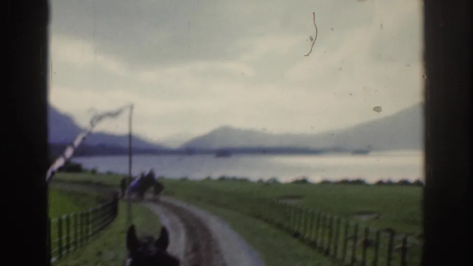 A soft 8mm frame shows a horse POV along a fenced countryside road with water and mountains beyond.
